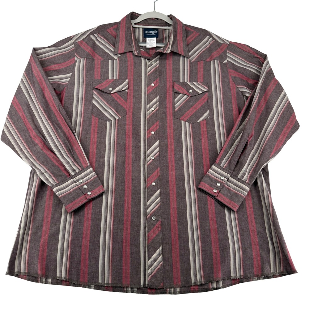 Wrangler Western Shirt Mens 3XT Tall Maroon Gray Striped Pearl Snap Long Sleeve